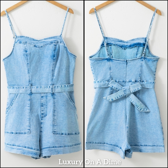 Denim Romper Shorts Sweetheart Sleeveless Belt Pocket Jean One-piece Jumpsuit - Picture 4 of 16
